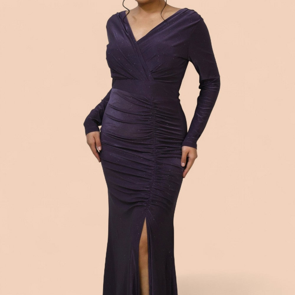 Deep Purple Ruched High-Slit Dress