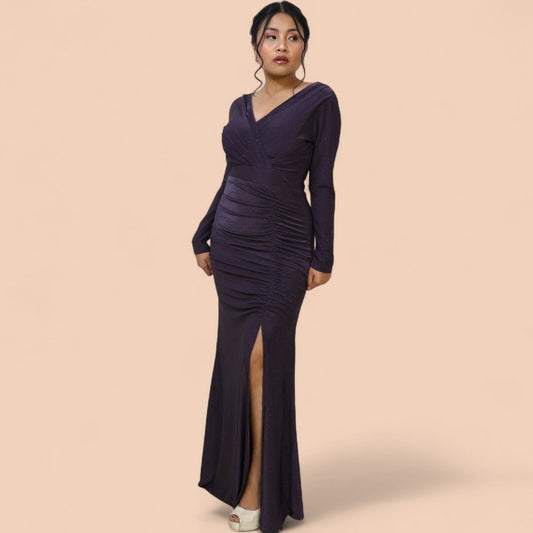 Deep Purple Ruched High-Slit Dress