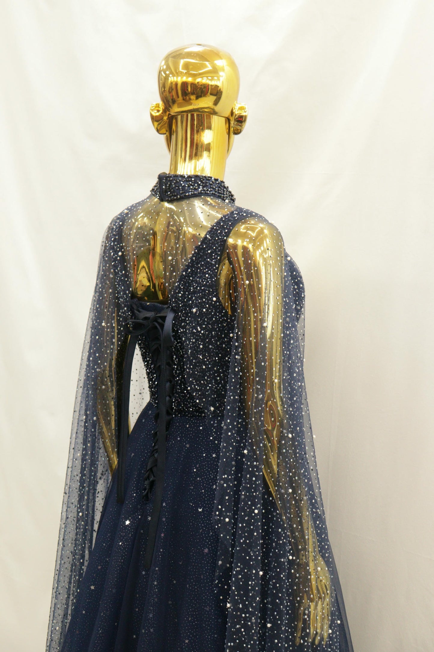 Dark Blue Cape Netted and layered Ballgown