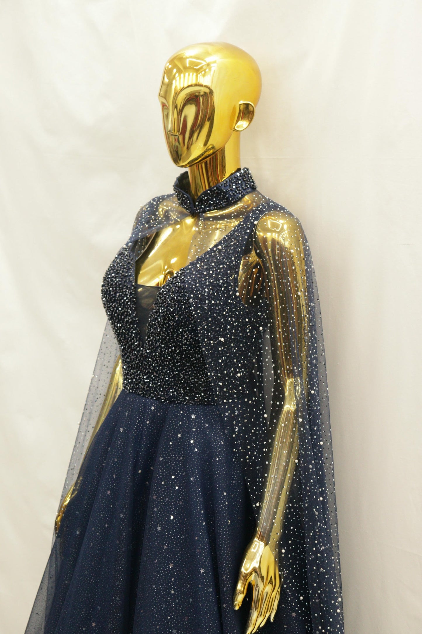 Dark Blue Cape Netted and layered Ballgown