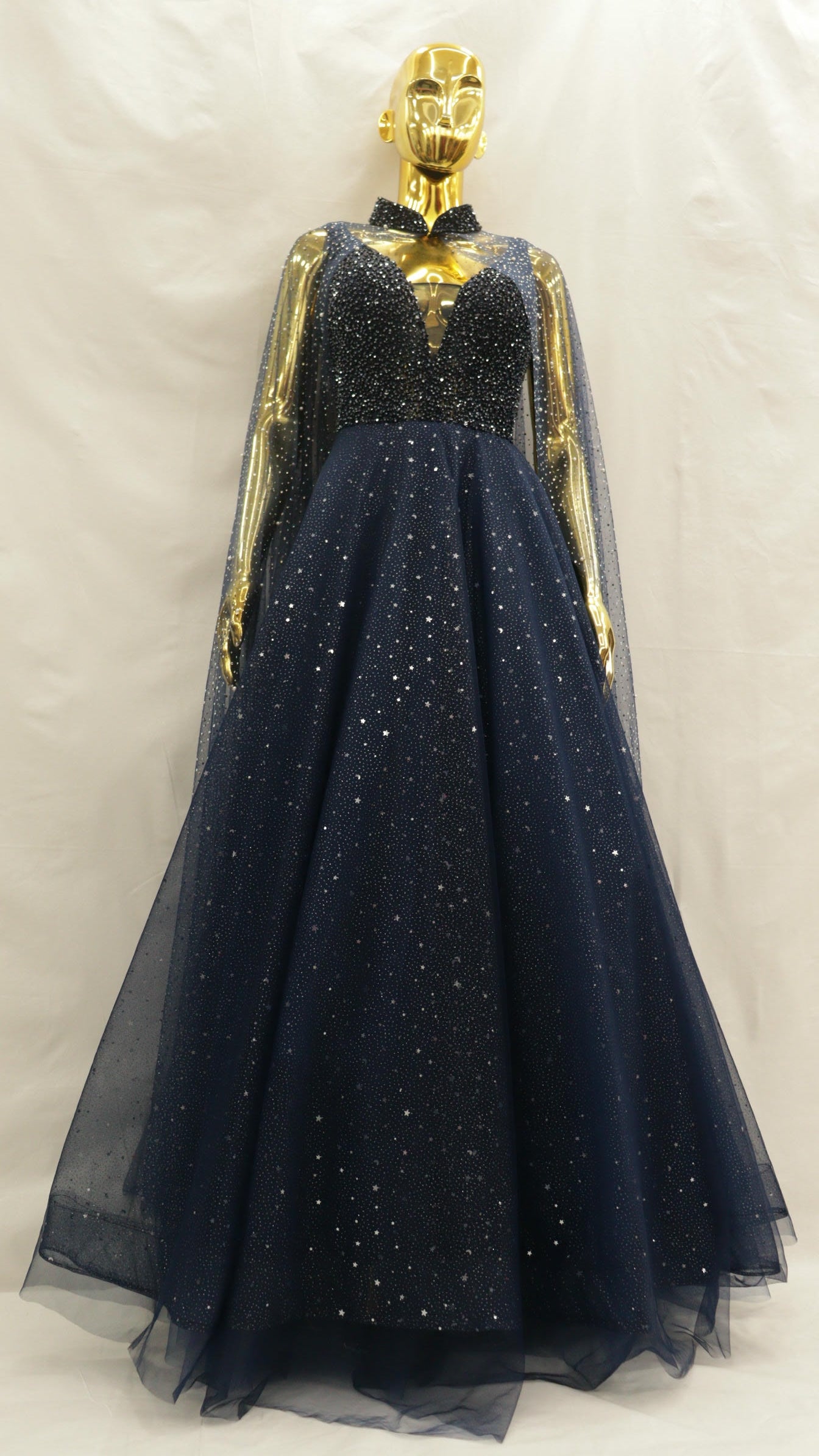 Dark Blue Cape Netted and layered Ballgown