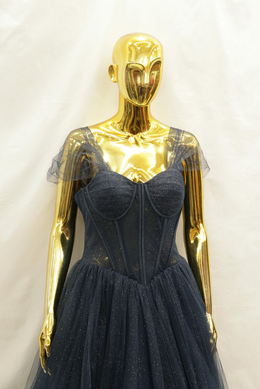 Dark Blue Cape Netted and layered Ballgown