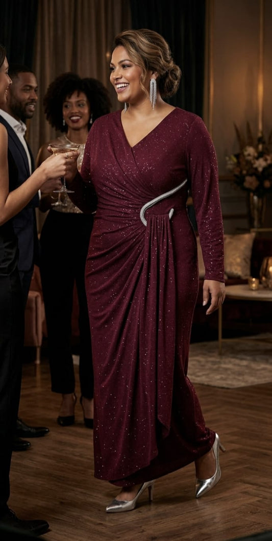 Solid Dark Red Long Sleeve Evening Gown